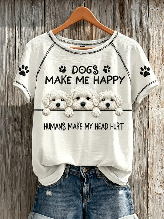Women's Dogs Make Me Happy Humans Make My Head Hurt Peeking Maltese Dogs Print T-shirt
