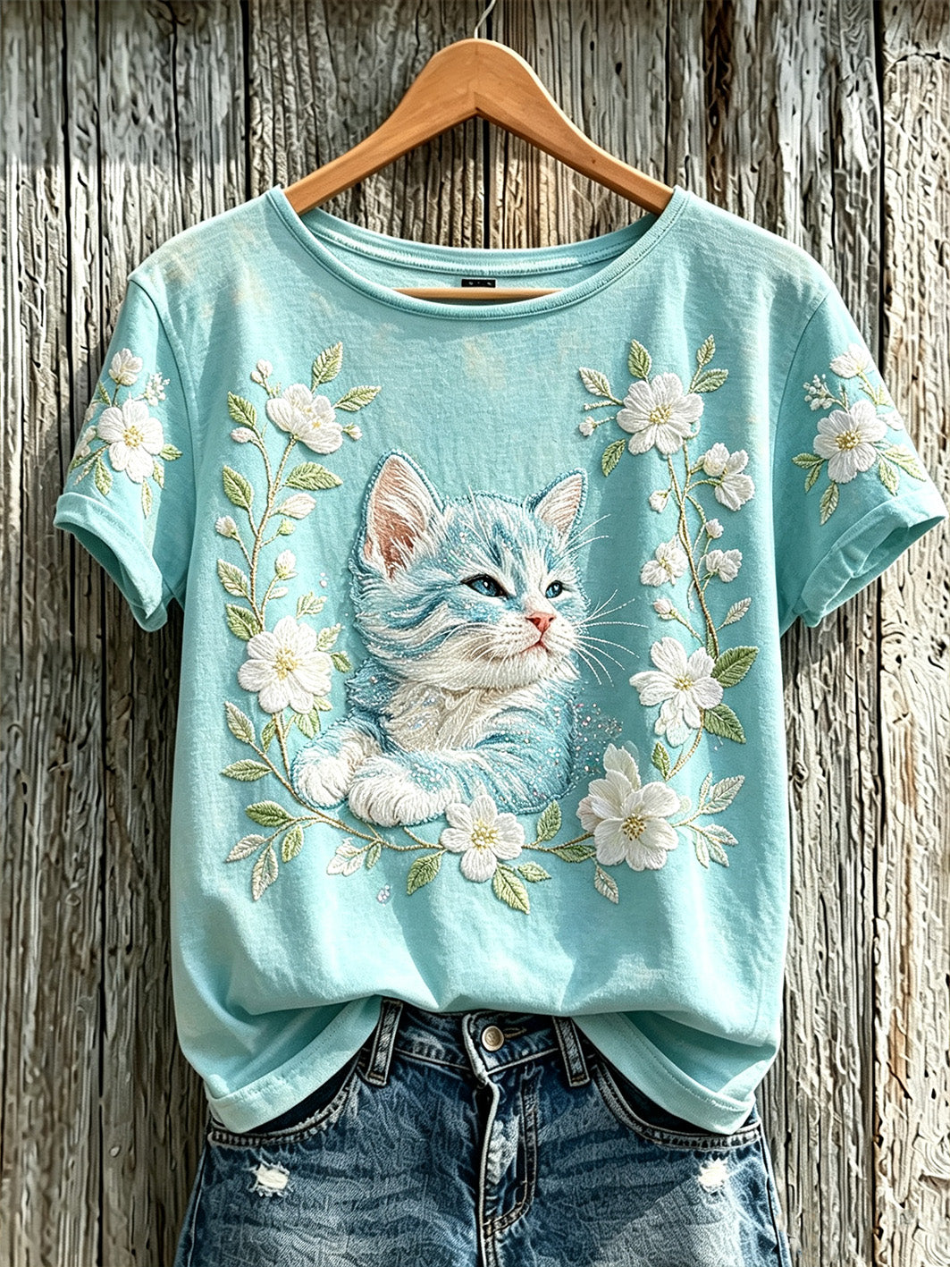 Gato bonito das mulheres e planta flor padrão impresso casual de manga curta T-shirt