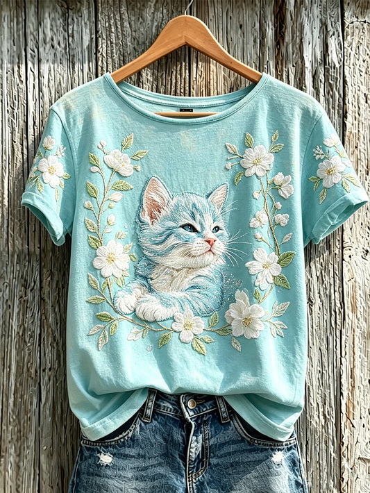 Gato bonito das mulheres e planta flor padrão impresso casual de manga curta T-shirt