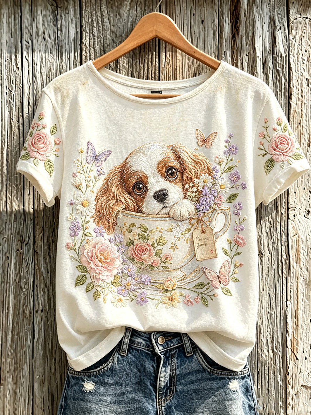Camiseta casual de manga curta com estampa fofa de cachorro e flores para mulheres