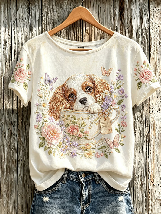 Camiseta casual de manga curta com estampa fofa de cachorro e flores para mulheres
