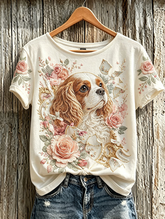 Camiseta casual de manga curta com estampa fofa de cachorro e flores para mulheres