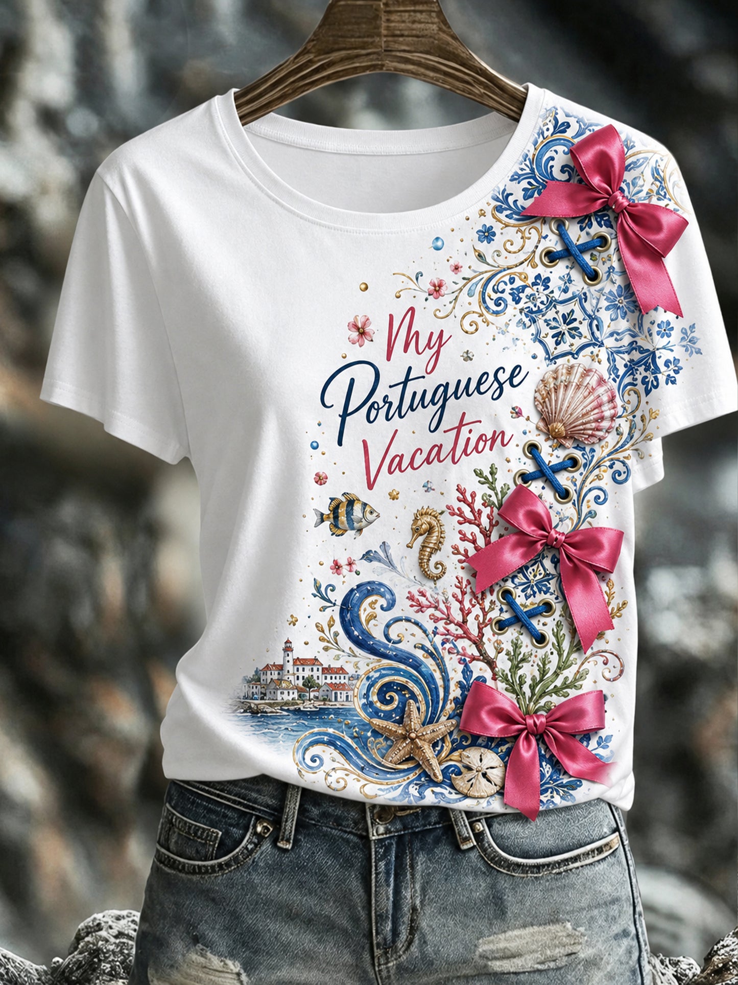 Camiseta com estampa artística de estilo português para o resort, com elementos culturais femininos