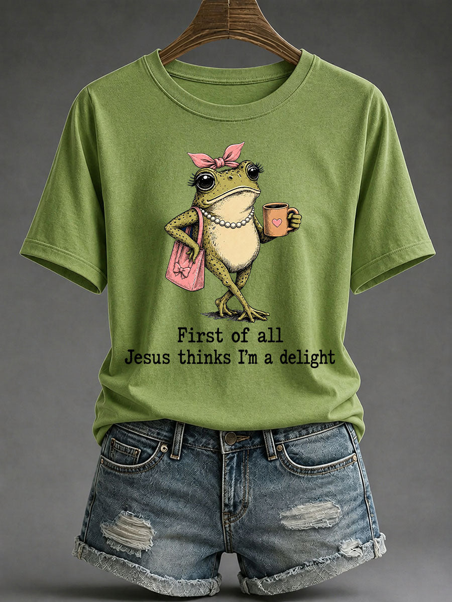 Camiseta casual estampada feminina com a frase “Jesus Acha que Sou Um Encanto”