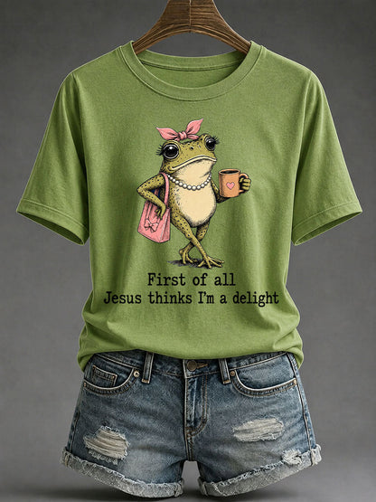 Camiseta casual estampada feminina com a frase “Jesus Acha que Sou Um Encanto”