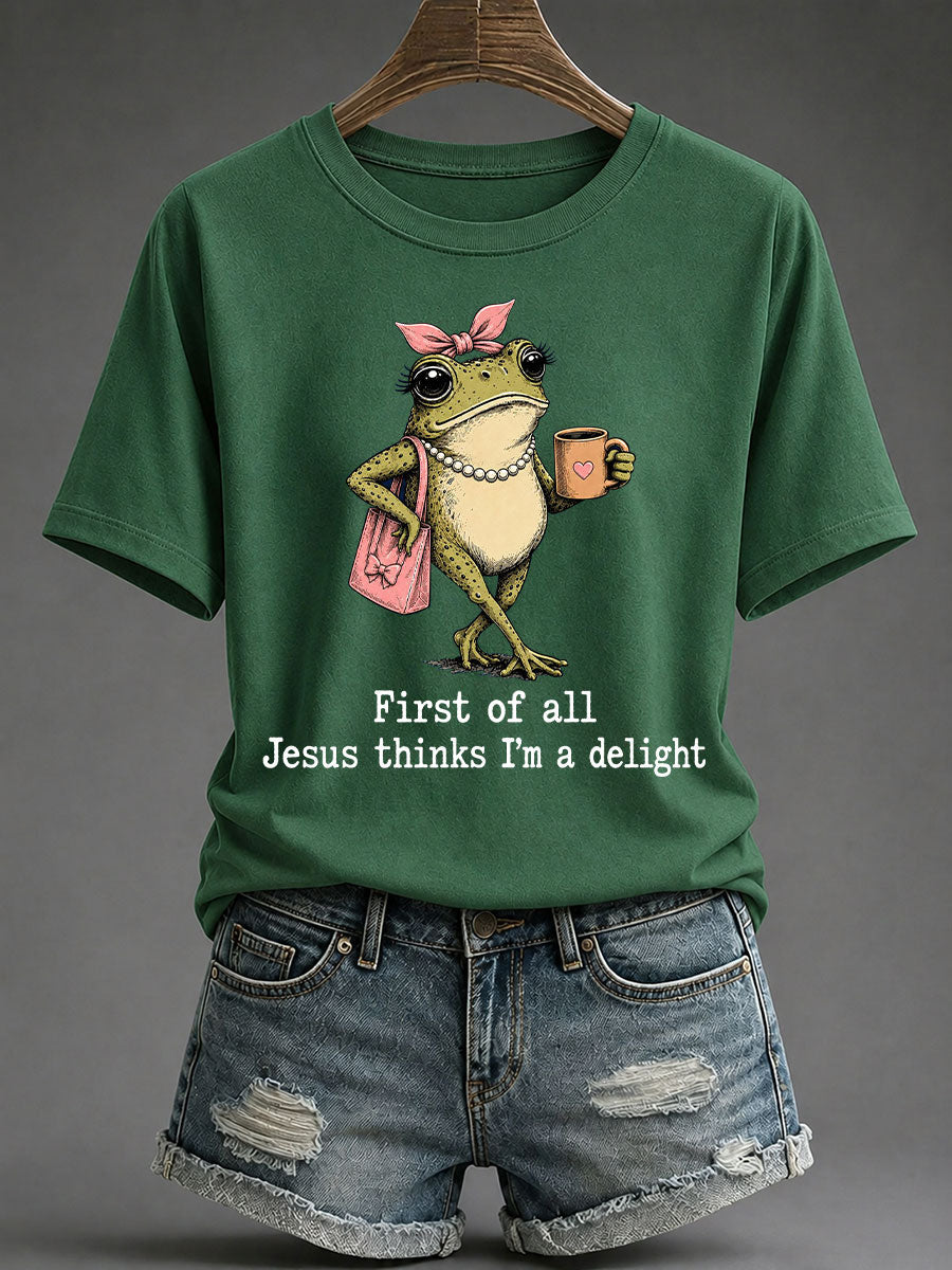 Camiseta casual estampada feminina com a frase “Jesus Acha que Sou Um Encanto”