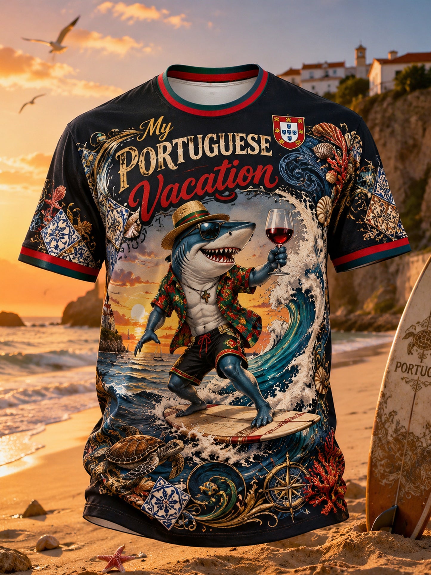 Camiseta com estampa artística de estilo português para resorts, com elementos culturais, masculina