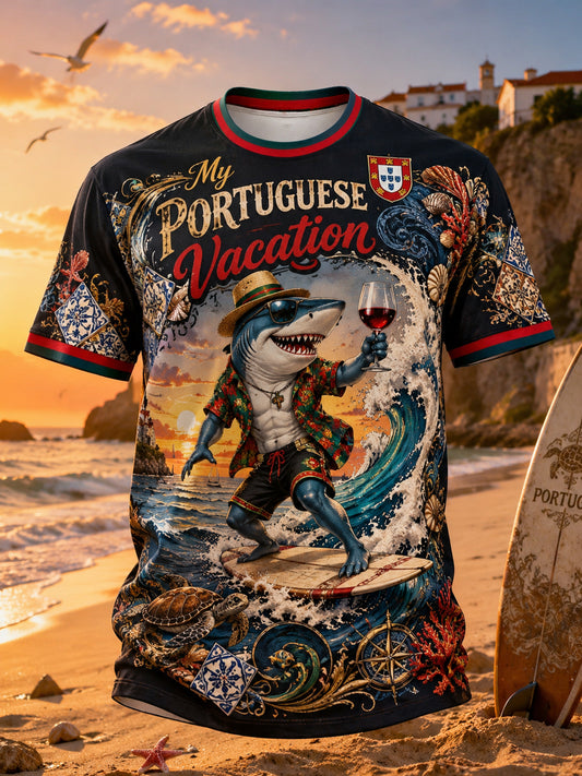 Camiseta com estampa artística de estilo português para resorts, com elementos culturais, masculina