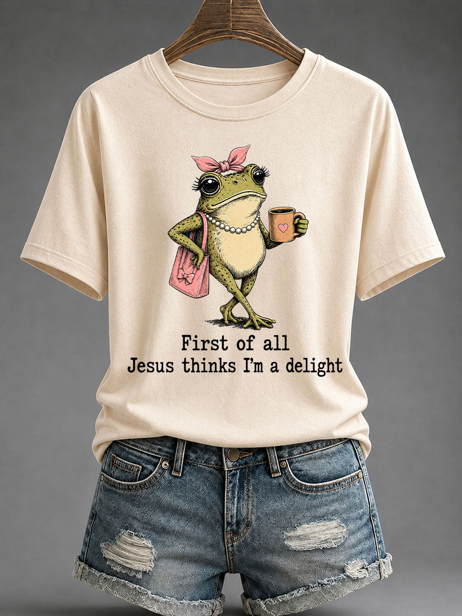 Camiseta casual estampada feminina com a frase “Jesus Acha que Sou Um Encanto”