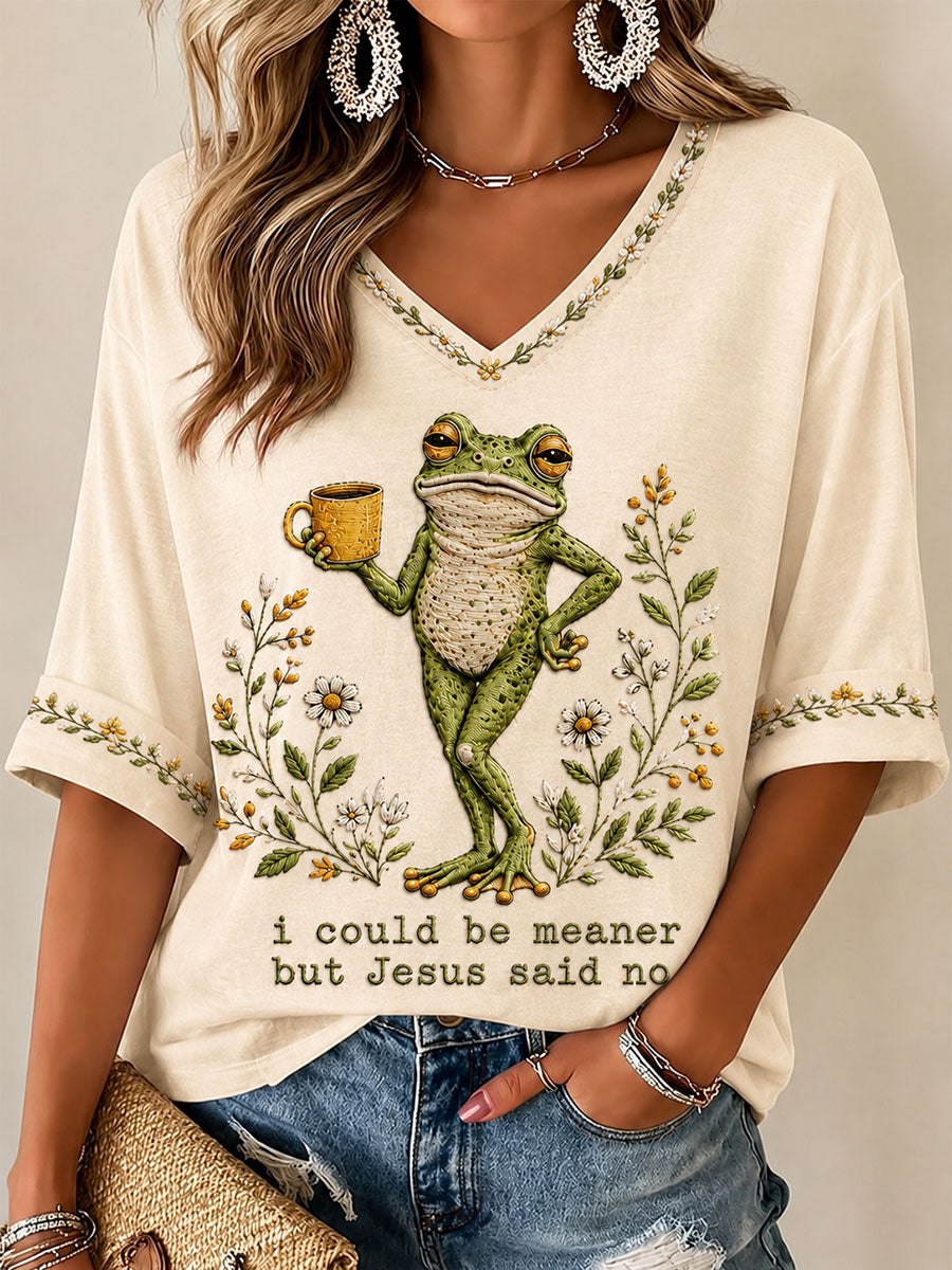 Camiseta casual estampada para mulheres com a frase “Eu poderia ser mais má, mas Jesus disse não”