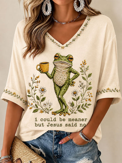 Camiseta casual estampada para mulheres com a frase “Eu poderia ser mais má, mas Jesus disse não”