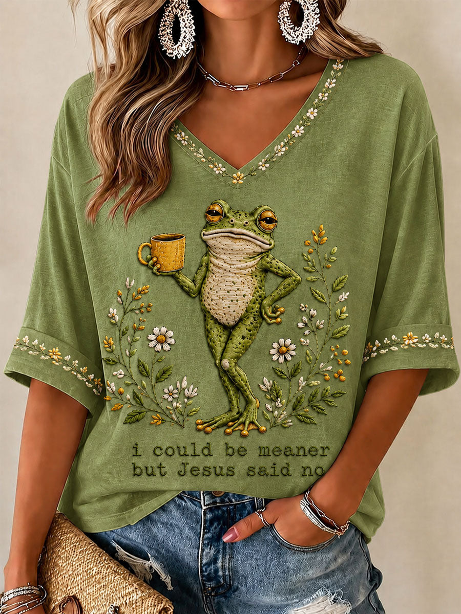 Camiseta casual estampada para mulheres com a frase “Eu poderia ser mais má, mas Jesus disse não”