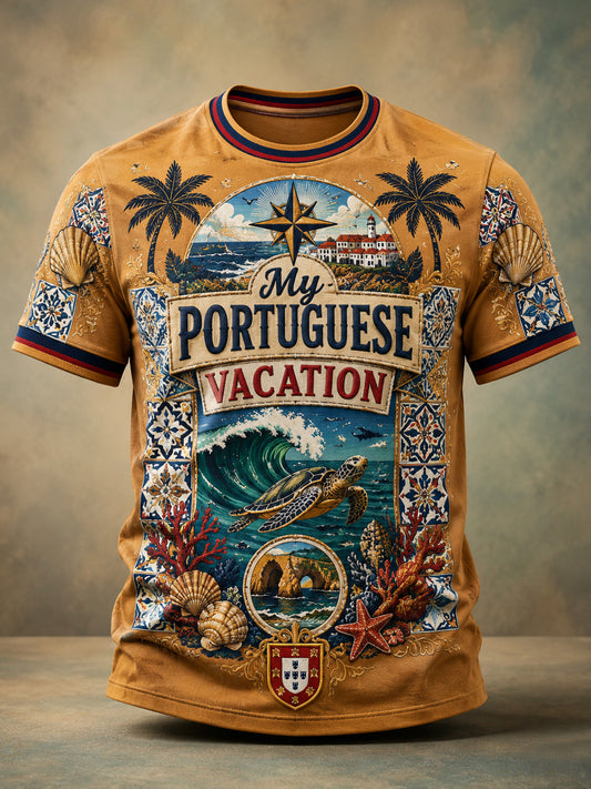 Camiseta com estampa artística de estilo português para resorts, com elementos culturais, masculina