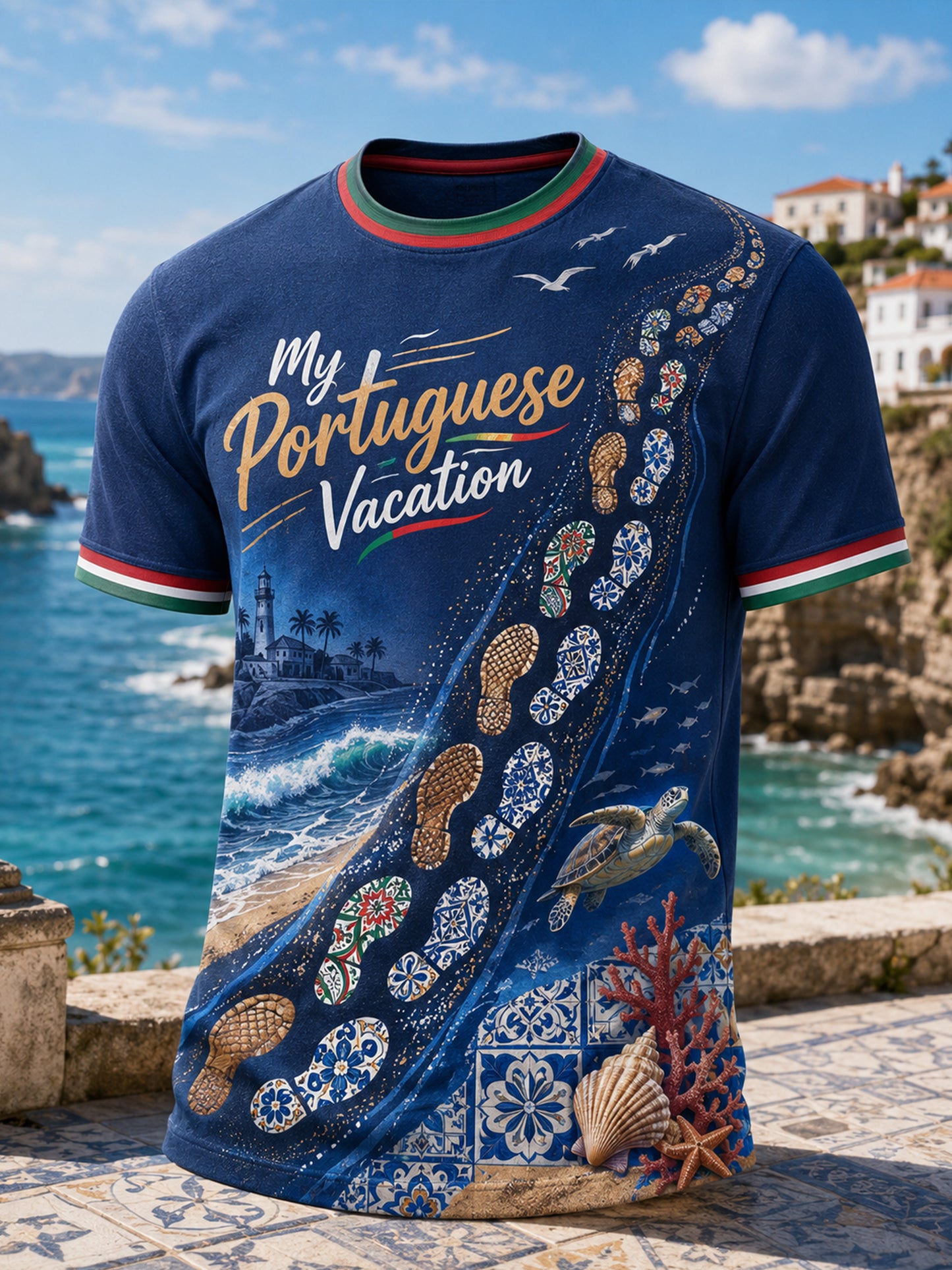 Camiseta com estampa artística de estilo português para resorts, com elementos culturais, masculina