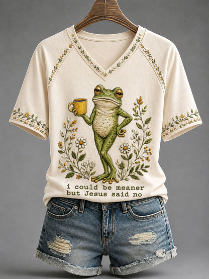 Camiseta casual estampada para mulheres com a frase “Eu poderia ser mais má, mas Jesus disse não”