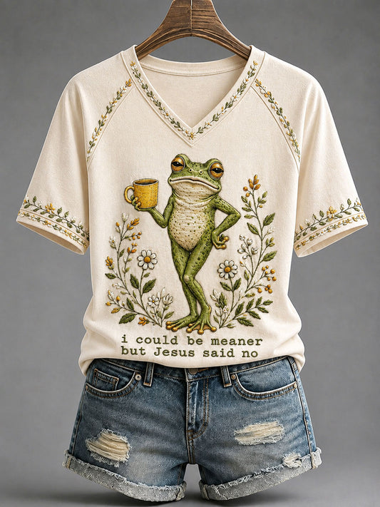 Camiseta casual estampada para mulheres com a frase “Eu poderia ser mais má, mas Jesus disse não”
