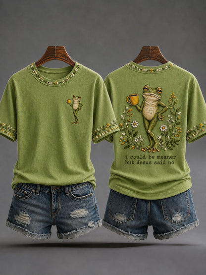 Camiseta casual estampada para mulheres com a frase “Eu poderia ser mais má, mas Jesus disse não”