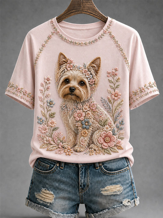 Cão Floral das mulheres imprimir Tee Casual
