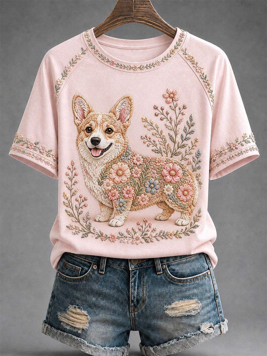 Camiseta casual feminina com estampa floral de cães