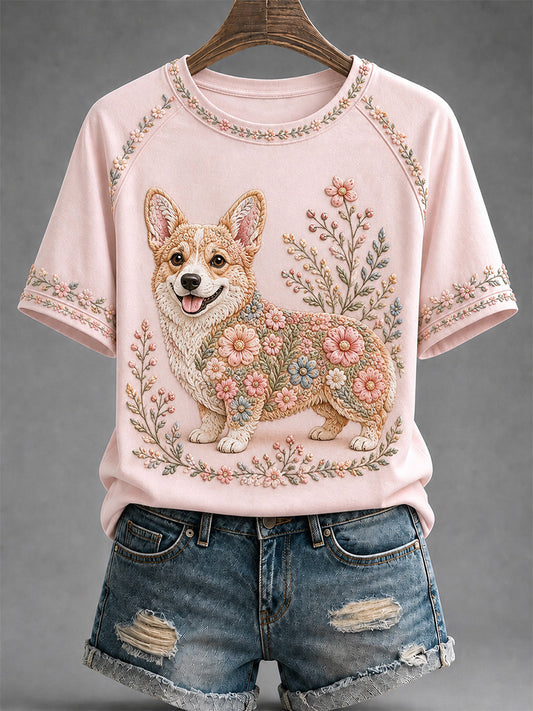 Camiseta casual feminina com estampa floral de cães