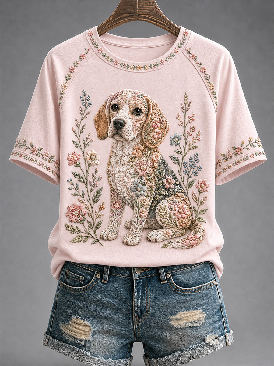 Camiseta casual feminina com estampa floral de cães