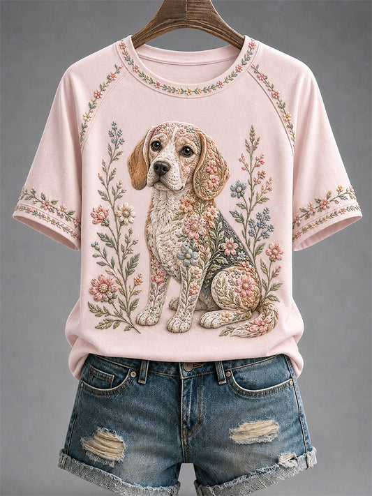 Camiseta casual feminina com estampa floral de cães