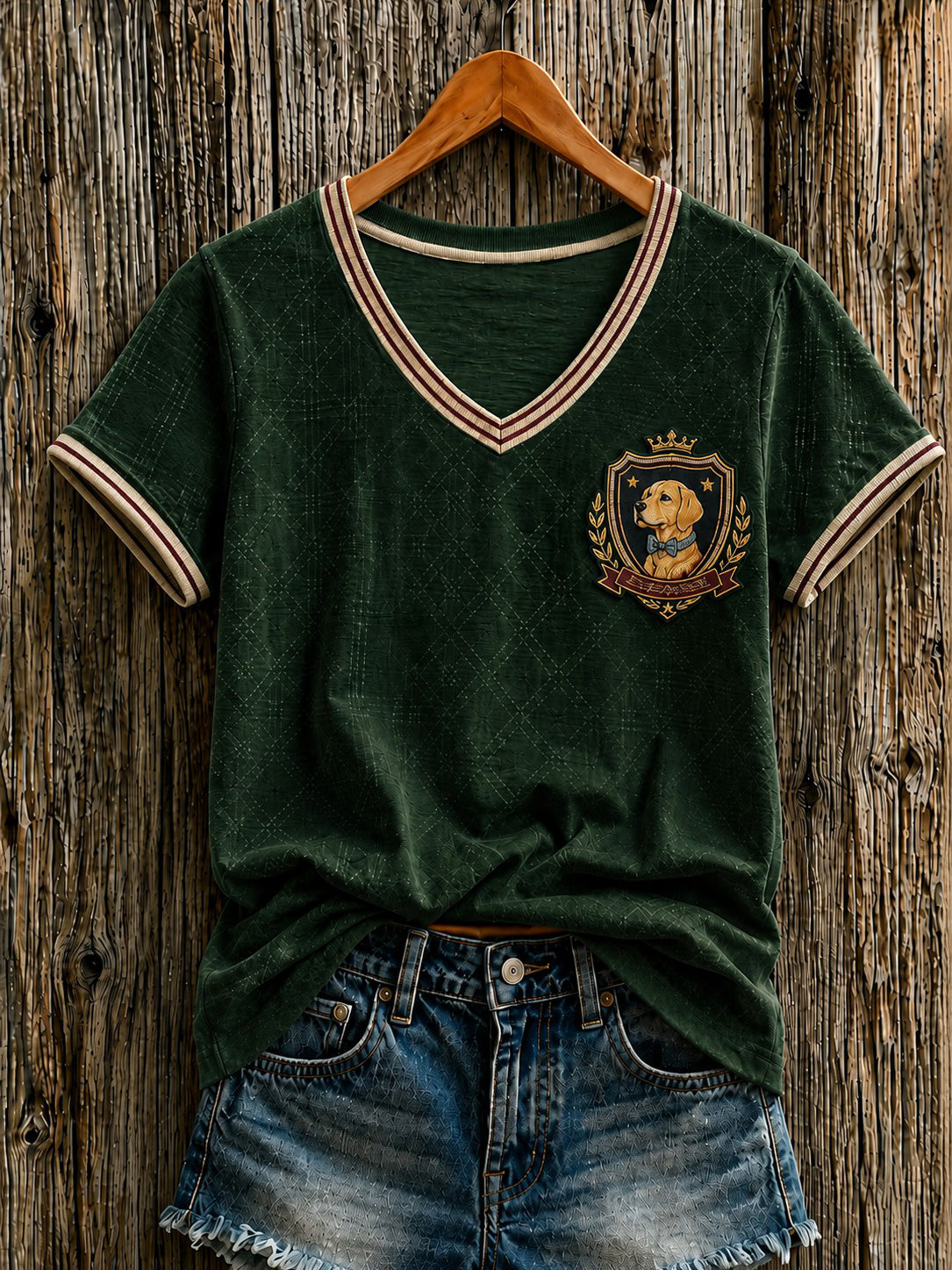 Camiseta feminina com estampa de cachorro de quadrinho britânico e gola em V