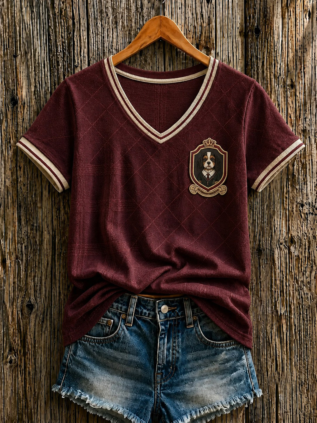 Camiseta feminina com estampa de cachorro de quadrinho britânico e gola em V