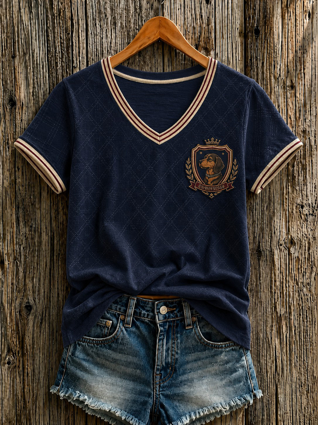 Camiseta feminina com estampa de cachorro de quadrinho britânico e gola em V