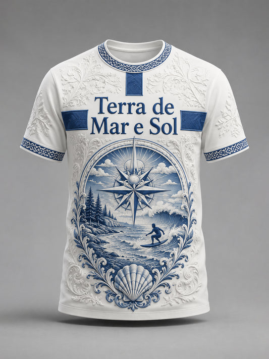 Camiseta casual masculina com estampa artística em estilo resort português