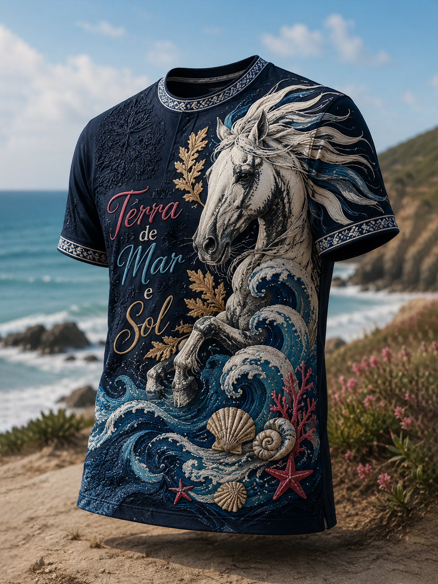 Camiseta casual masculina com estampa artística em estilo resort português