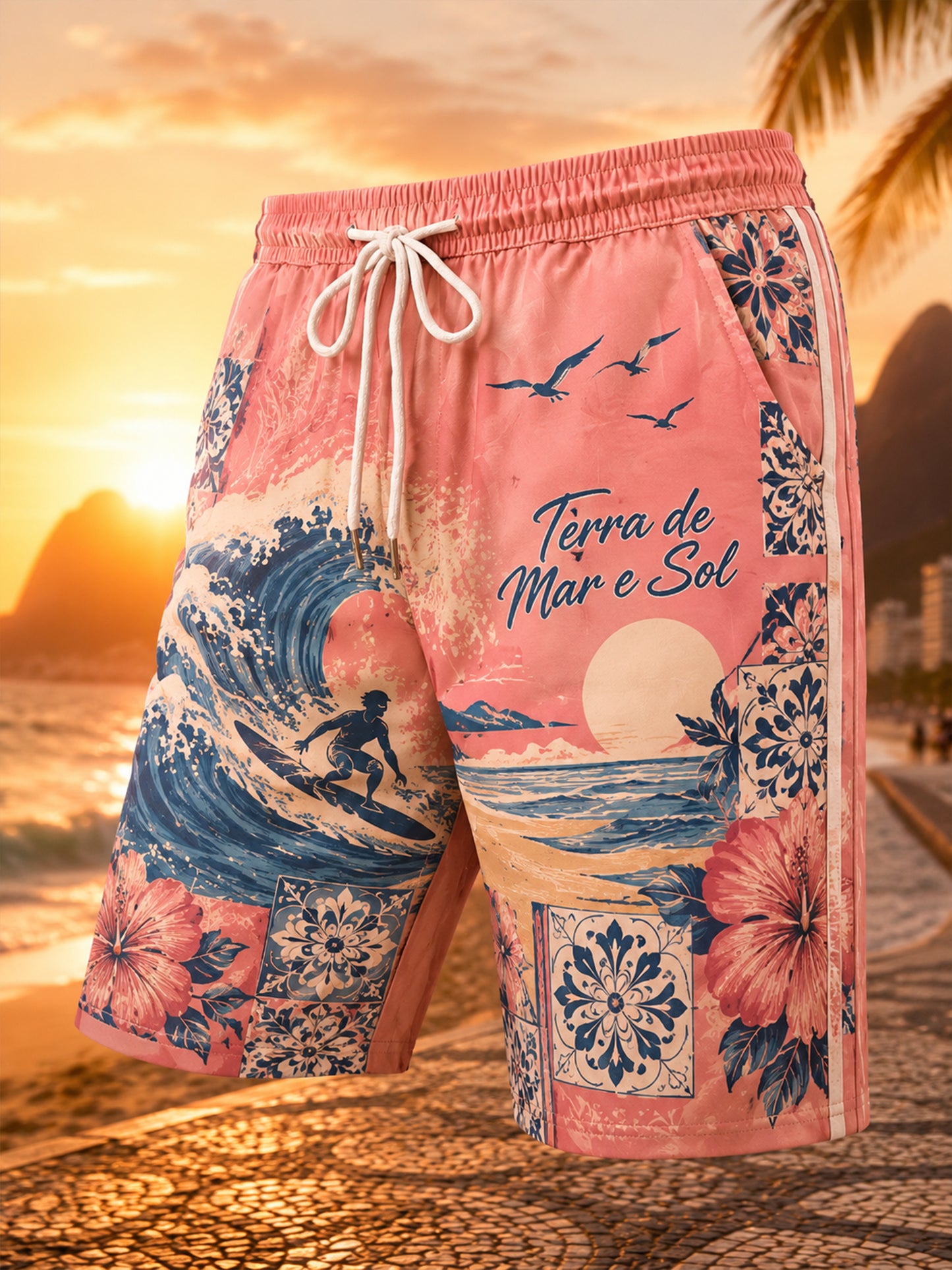 Shorts casuais estampados com arte em estilo resort português para homens
