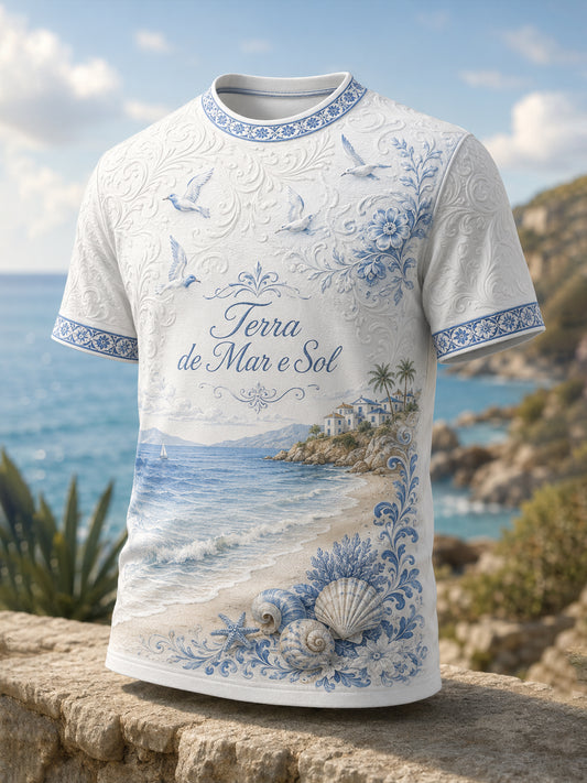 Camiseta casual masculina com estampa artística em estilo resort português