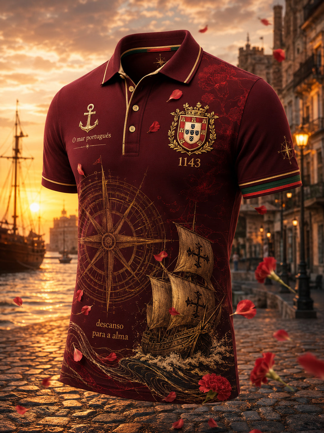 Camisa Polo com Estampa Artística de Elementos Patrióticos e Espírito Náutico Português para Homens