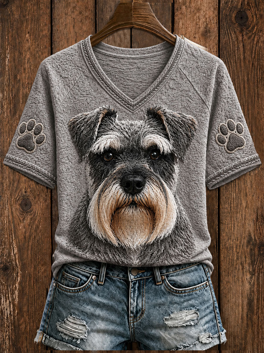 Schnauzer miniatura bonito feminino arte decote v manga curta t-shirt