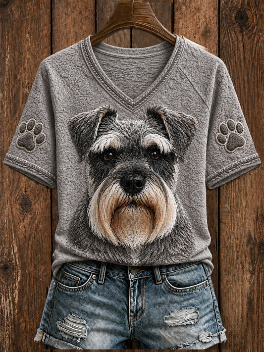 Schnauzer miniatura bonito feminino arte decote v manga curta t-shirt
