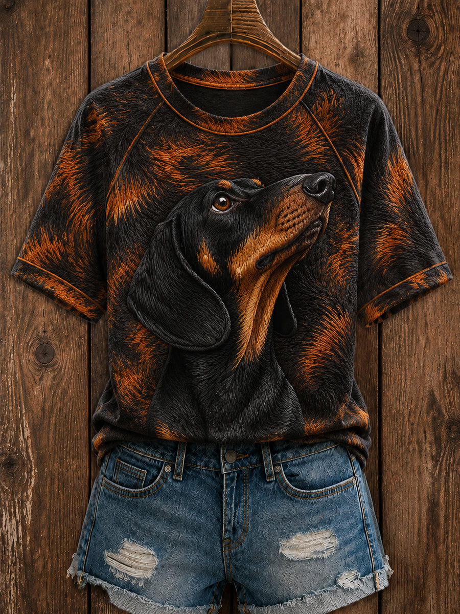 Arte bonito Dachshund feminino redondo pescoço manga curta t-shirt