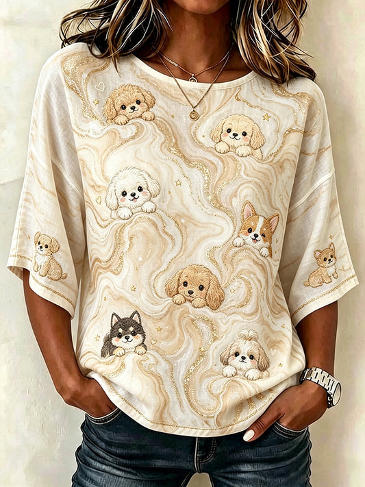 Padrão de mármore Vintage & cães feminino arte impressão linho meados de mangas T-shirt