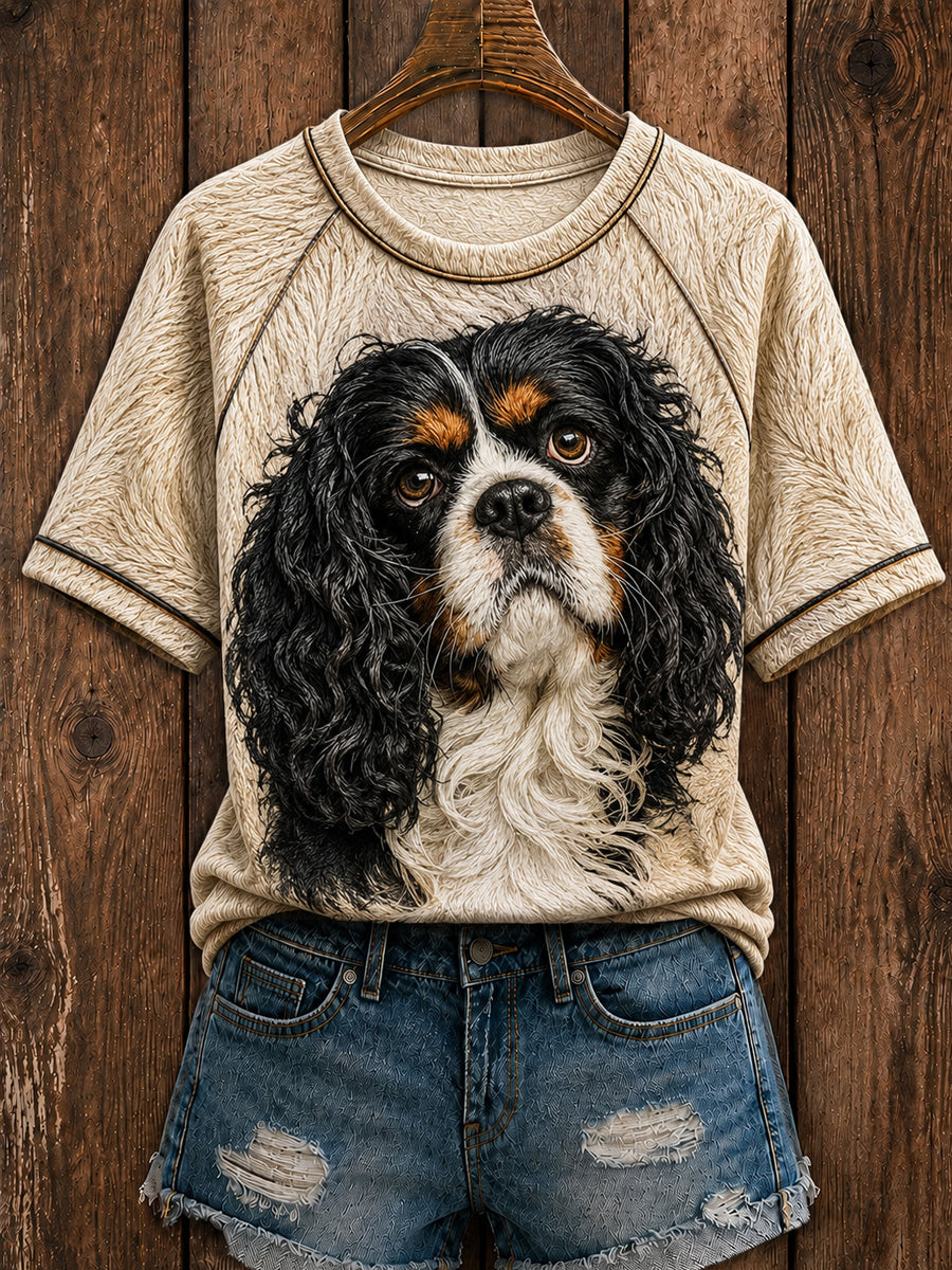 Bonito Cavalier King Charles Spaniel arte feminino redondo pescoço manga curta t-shirt