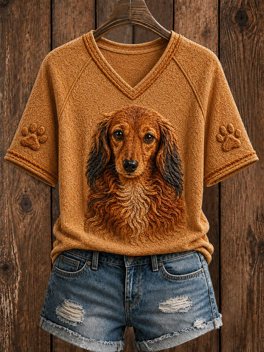 Dachshund bonito arte V-neck manga curta T-shirt feminino
