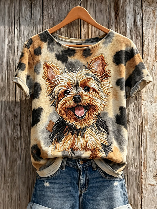 Yorkshire Terrier & Dog casaco padrão impressão t-shirt de manga curta feminino