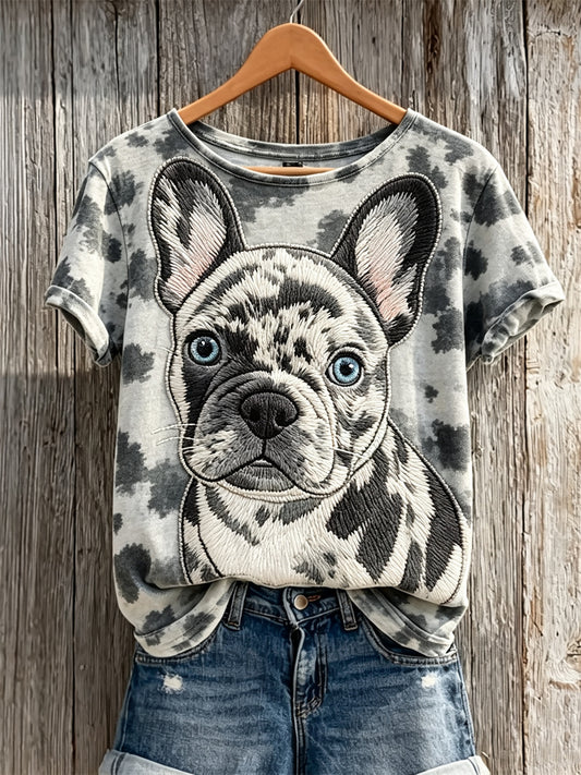 Bulldog francês & cão casaco padrão impressão t-shirt de manga curta feminino