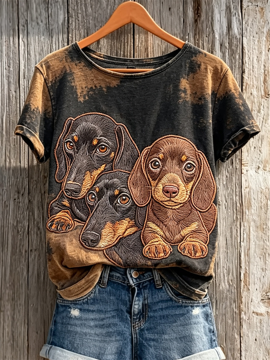 Dachshunds & cão casaco padrão feminino branqueada impressão t-shirt de manga curta