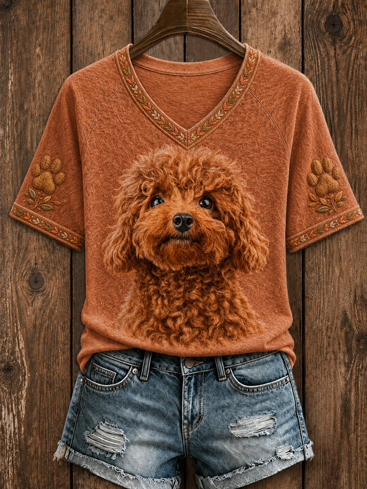 Poodle bonito arte v-neck manga curta t-shirt feminino