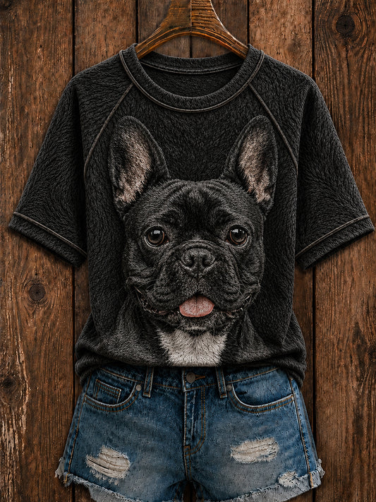 Arte bonito do buldogue francês feminino redondo pescoço manga curta t-shirt