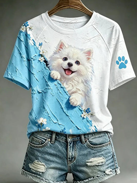 Camiseta casual com estampa de arte de cães para mulheres