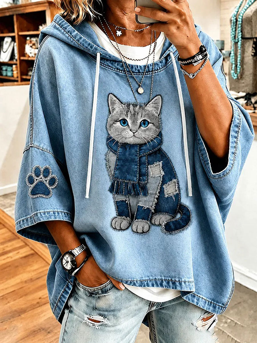 Blusa casual feminina com estampa de gato