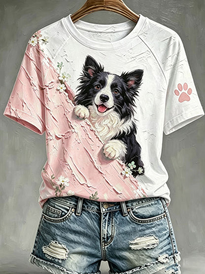 Camiseta casual com estampa de arte de cães para mulheres