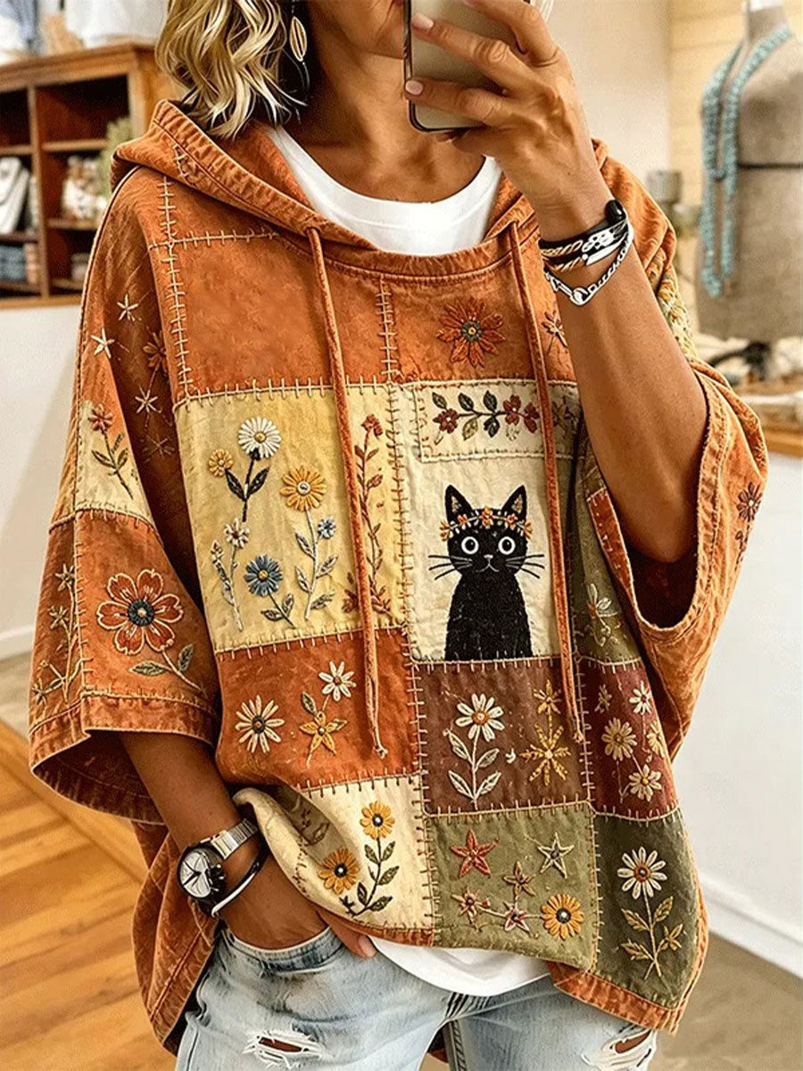 Blusa casual feminina com estampa de gato