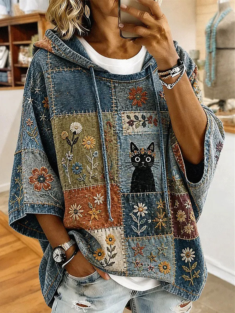 Blusa casual feminina com estampa de gato